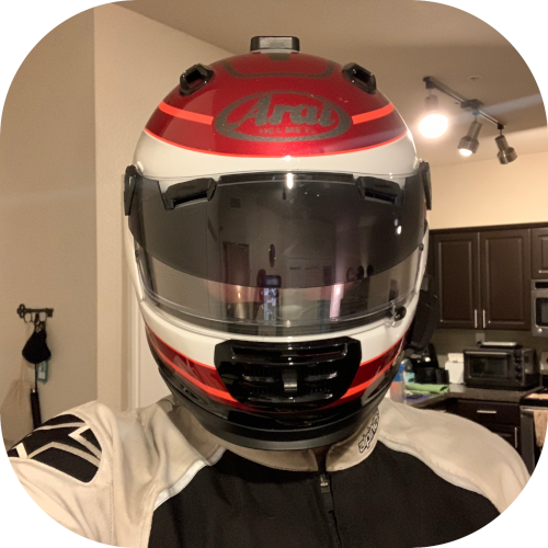 Beau in a motorcycle helmet